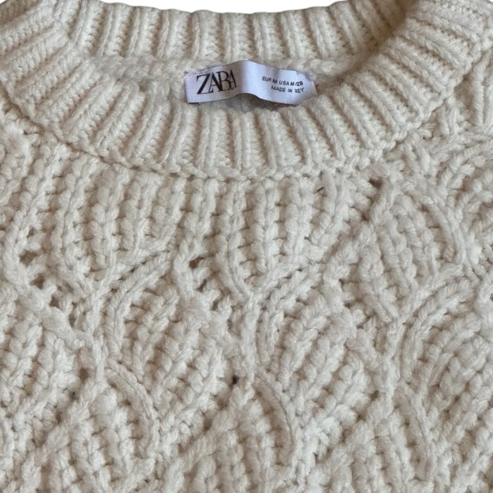 ZARA Cable Knit Tie Sweater Chunky‎ Preppy Cream Ivory Size M Casual Bow Soft - Picture 9 of 13
